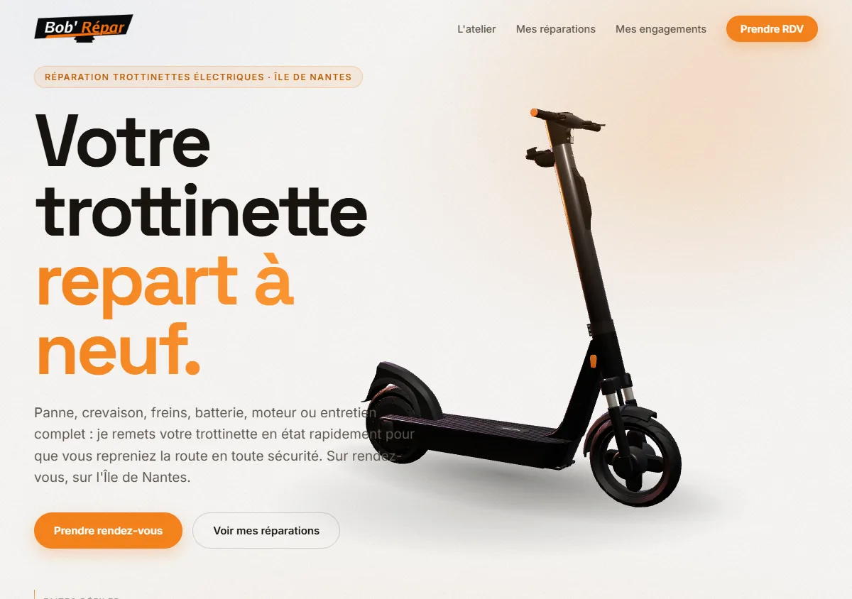Page d'accueil du site Bob'Répar, réparation de trottinettes électriques à Nantes